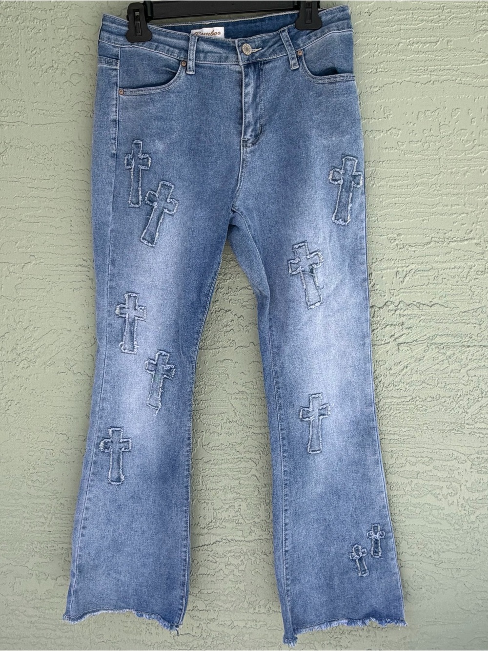 BAMBOO Washed Blue Flare Jeans with Cross Appliqués Sz 13